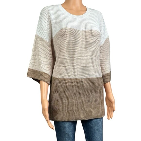 Matty M Womens Sweater XXL Knitted Taupe & White Elbow Sleeves Pullover Brown - Picture 3 of 10